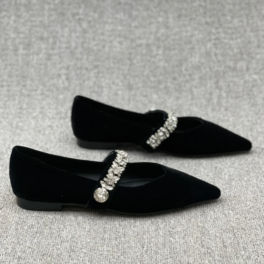 欧洲站女鞋2025春款百搭丝绒尖头浅口低跟水钻一字带玛丽珍单鞋女