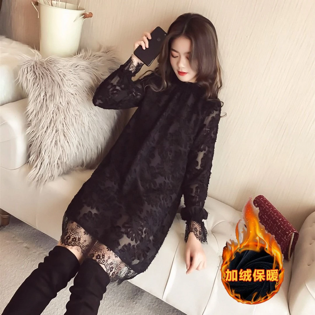 加绒蕾丝打底衫女中长款秋冬2023新款韩版洋气小衫网纱内搭上衣女