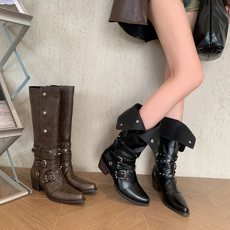 【牛皮】跟高5.5cm棕色尖头女靴时尚百搭尖头粗跟两穿高筒靴长筒靴