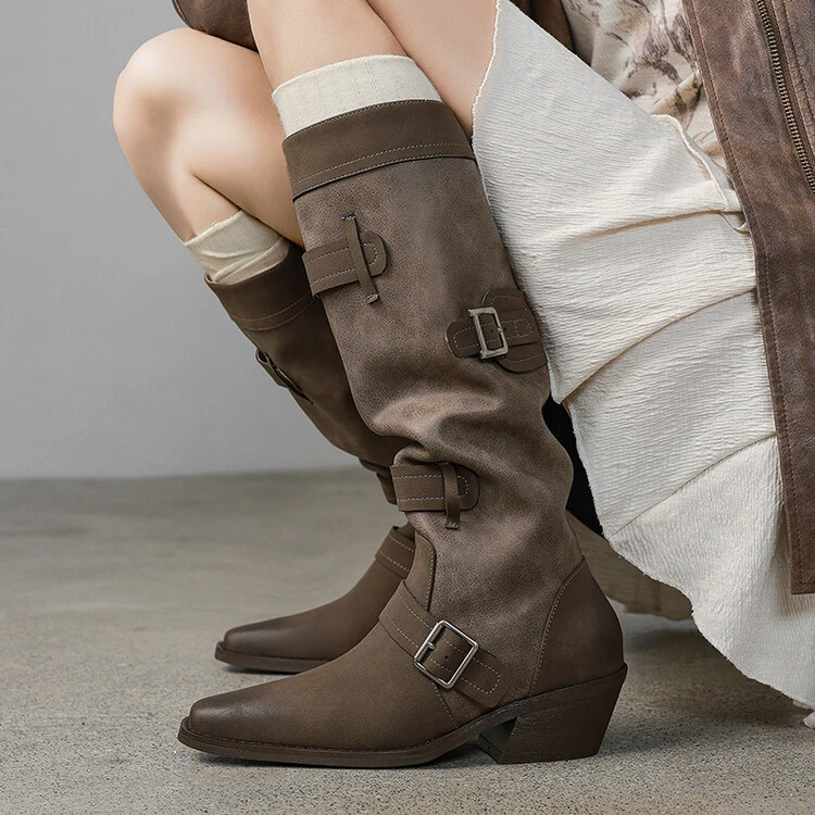 【牛皮】跟高5cm废土色西部靴新款骑士靴尖头皮带扣长筒靴时尚百搭