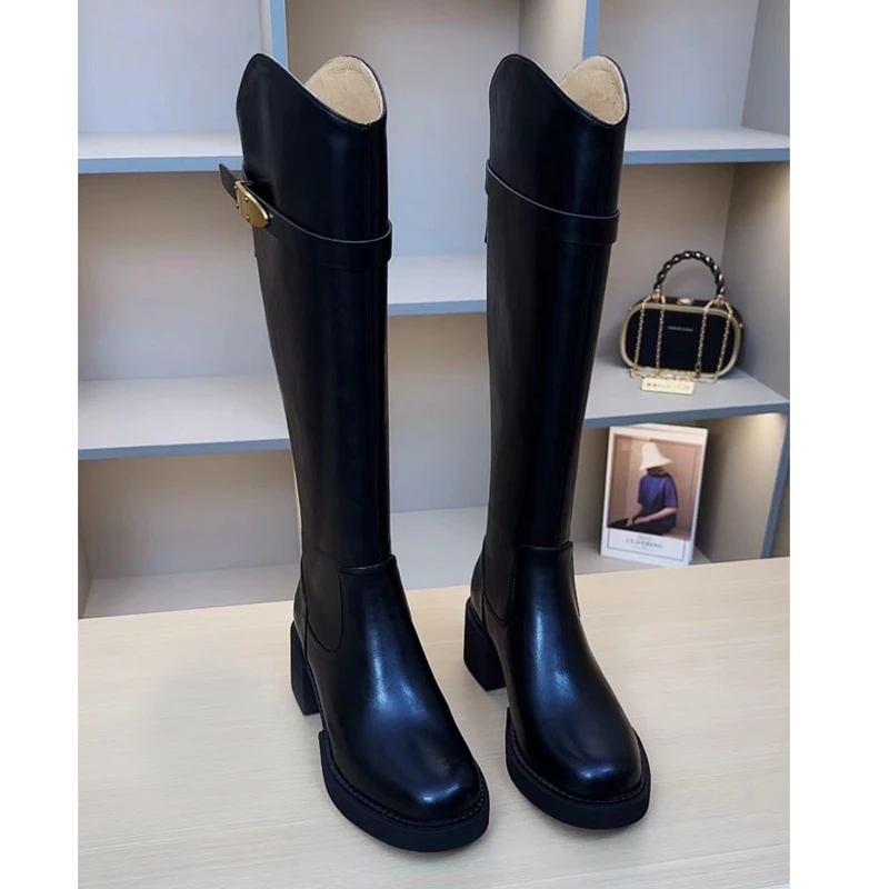 【牛皮】跟高5cm新款春秋真皮长靴粗跟百搭高筒靴秋冬长筒靴女靴子