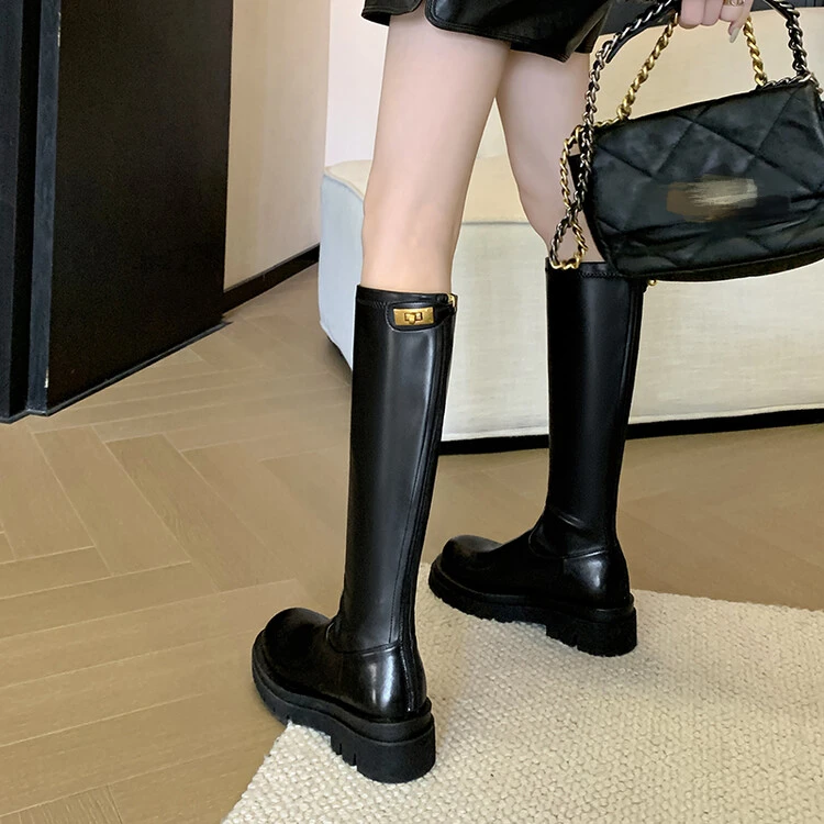 【牛皮】跟高5cm韩版厚底长靴~时尚高筒靴2024年新款长靴女