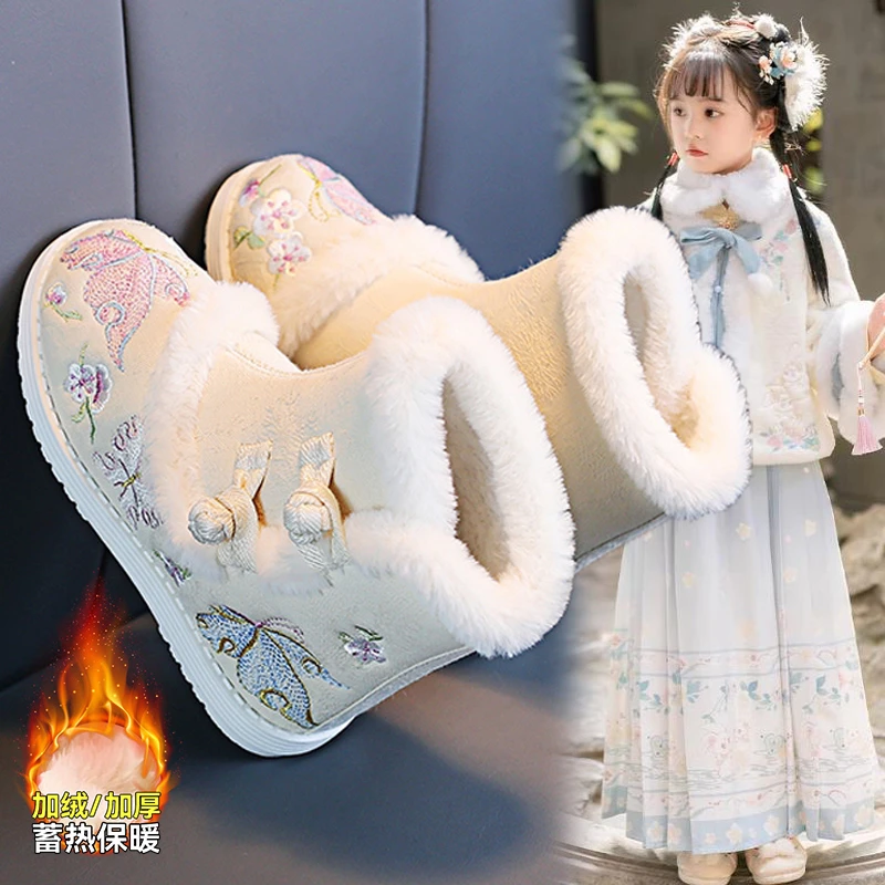女童鞋汉服鞋儿童靴子古装冬季新款女孩格格服古风绣花鞋加绒棉靴