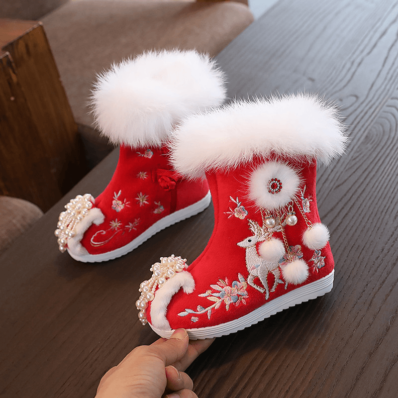 女童汉服鞋古风拜年鞋唐装儿童绣花鞋冬季加绒靴子民族风红大棉鞋