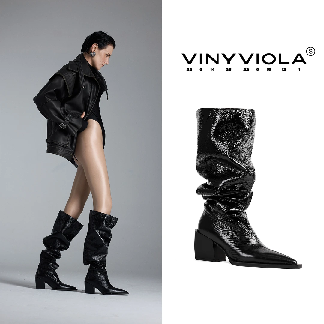 VINYVIOLA24AW新款S线系列尖头褶皱堆堆靴时装靴