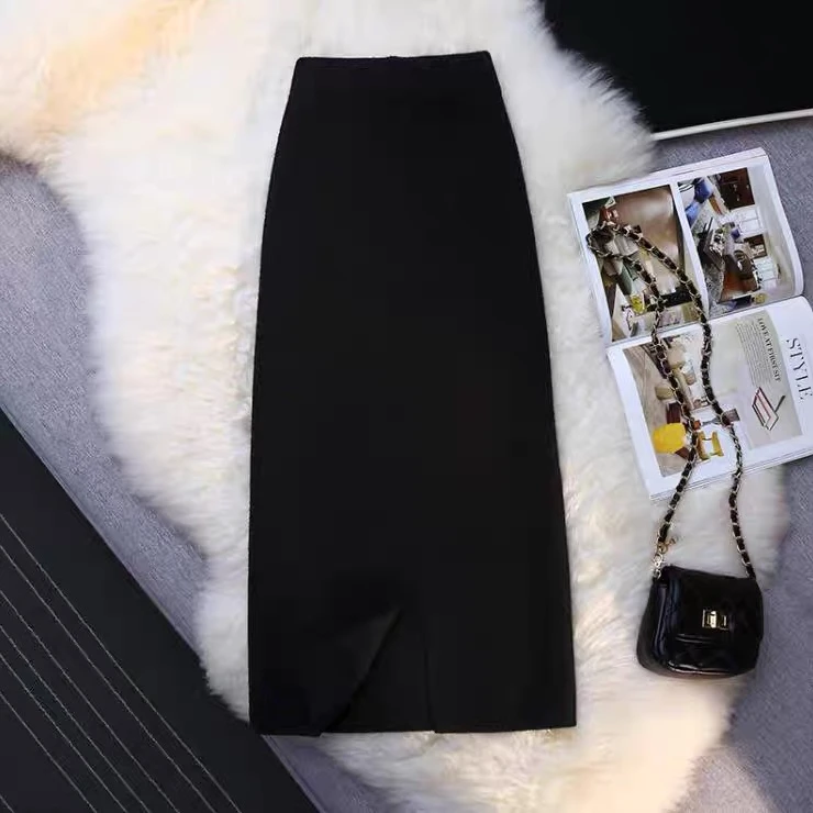 针织半身裙女中长款高腰显瘦开叉一步裙包臀裙子潮气质修身时尚