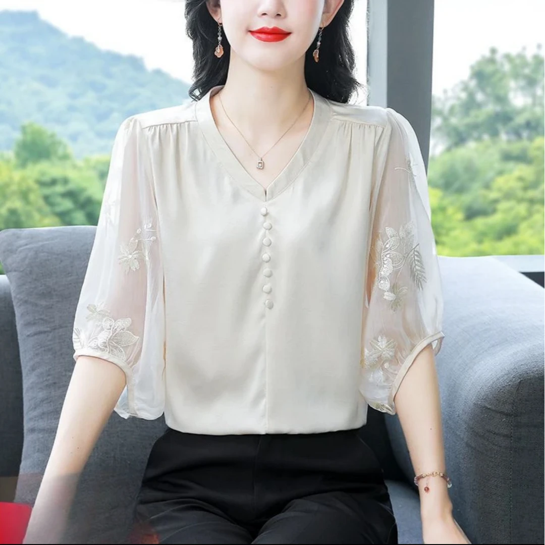 夏季轻奢新中式设计感百搭拼接气质显瘦洋气时尚刺绣衬衫上衣