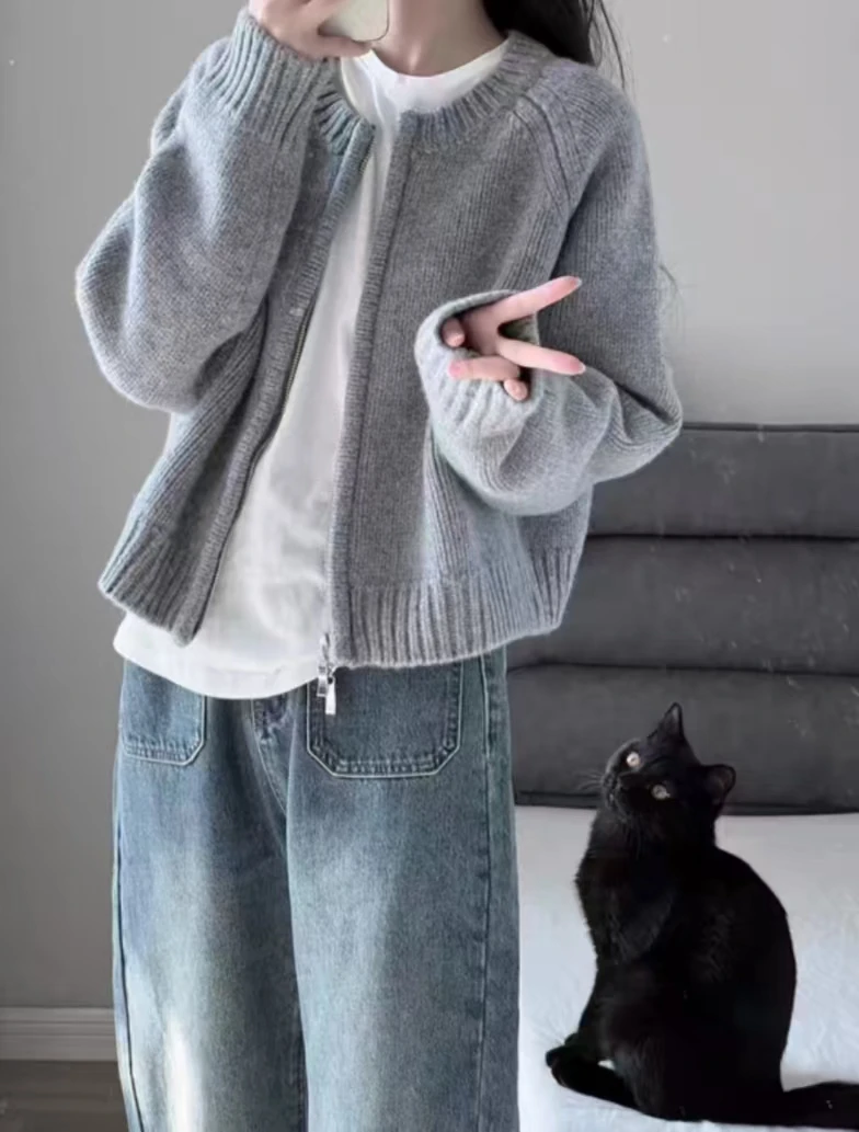 纯色短款毛衣外套女秋冬宽松百搭慵懒风外传拉链开衫针织上衣