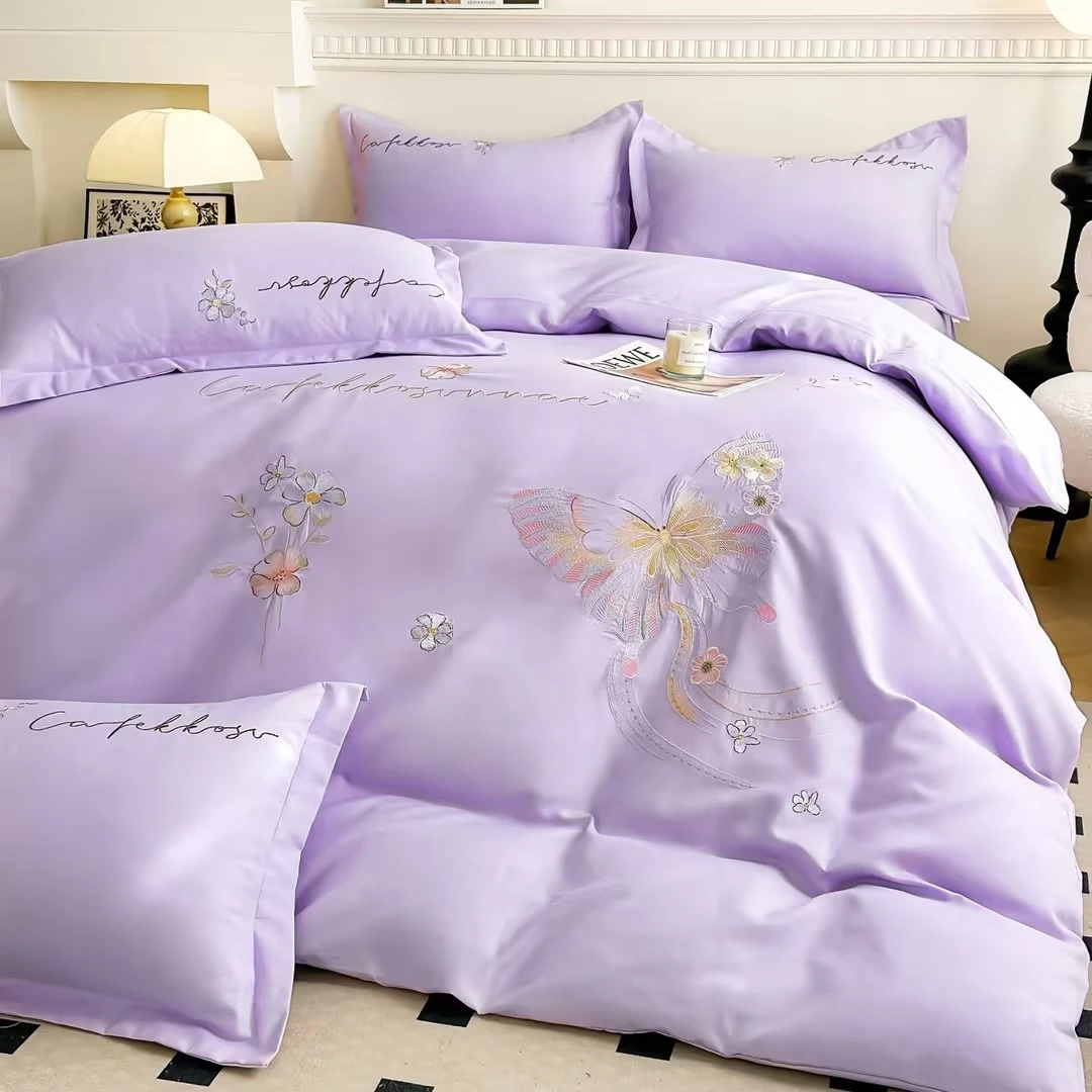 【爆款】轻奢高档纯色简约高端刺绣绣花磨毛四件套床上用品四季款