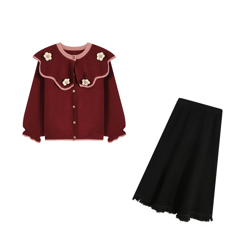 【冬日暖阳】微胖减龄娃娃领宽松上衣长款半身裙两件套套装ZL98869