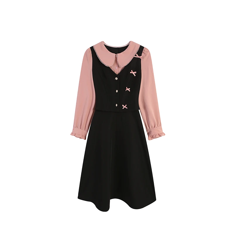 大码时尚秋季新款减龄蝴蝶结假三件中长款遮肉显瘦连衣裙ZL54030