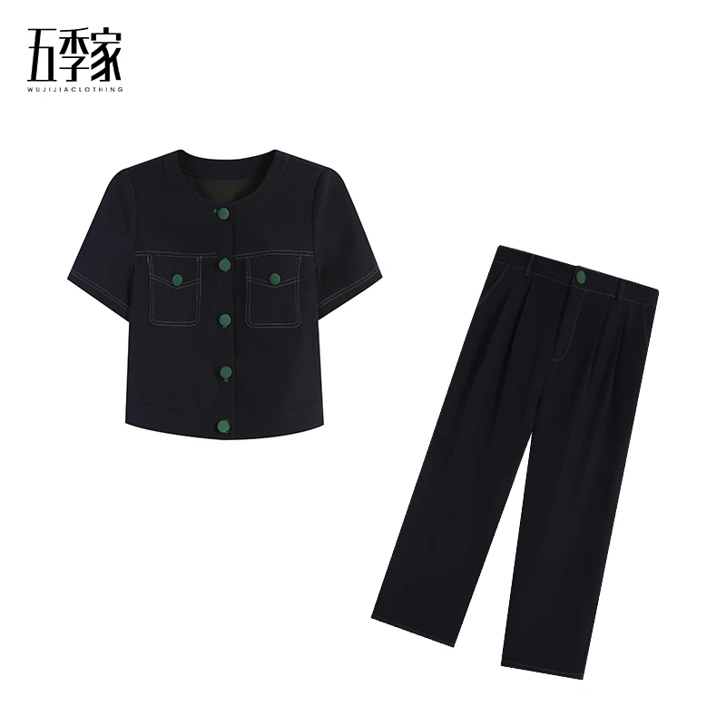 周周-五季家减龄显瘦藏青色短袖上衣黑色长裤两件套装ZL93262