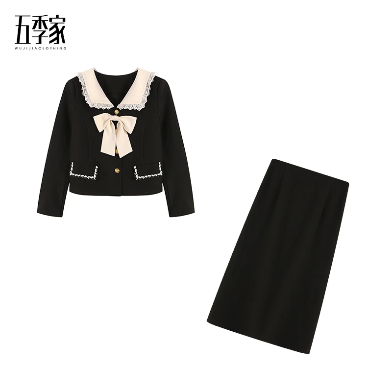 大码女装2024年新款减龄蝴蝶结上衣显瘦半裙黑色两件套ZL98488