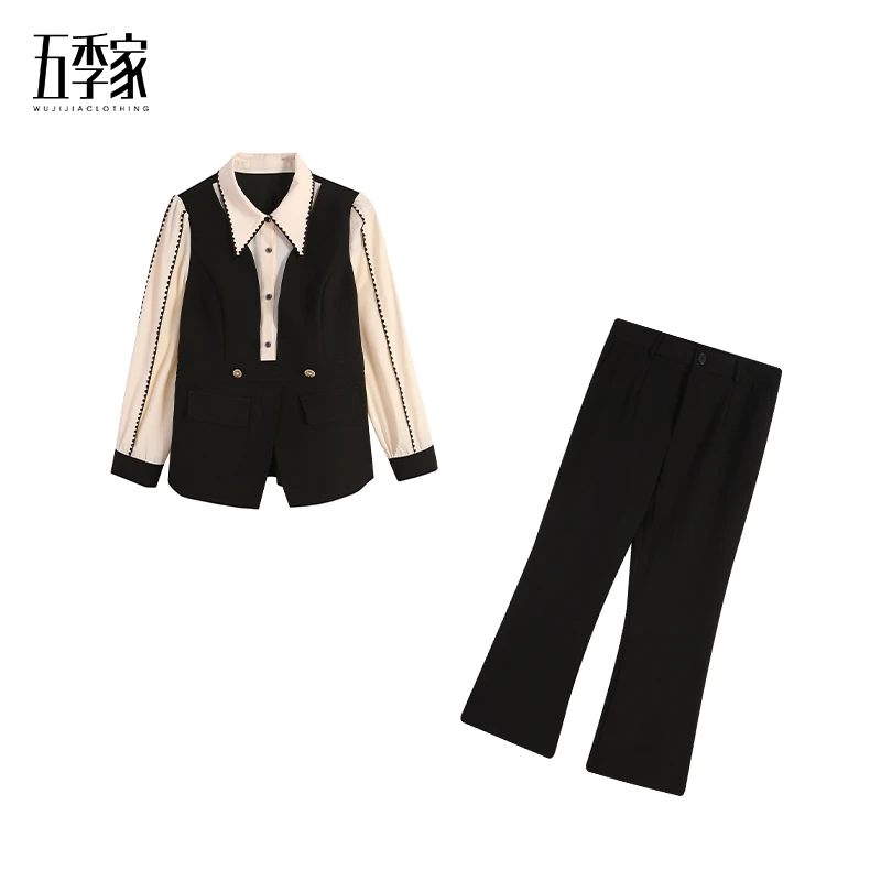 大码女装2024年新款杏拼黑上衣时髦黑色长裤两件套五季家ZL98086