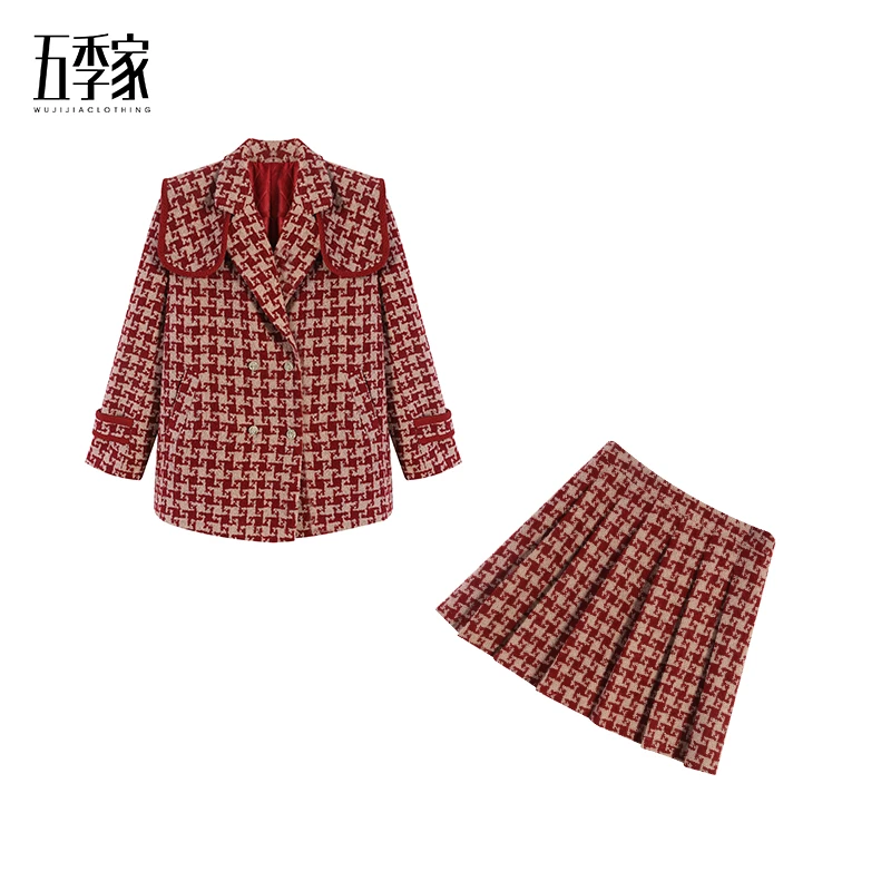 韩系秋冬加厚显瘦外套千鸟格气质百褶裙小香风两件套套装ZL41234