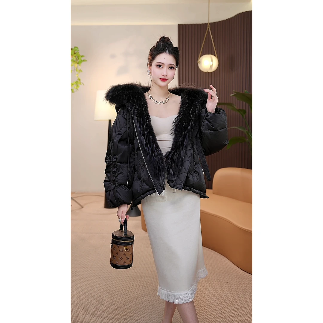 【茅茅专属】A285冬季新款休闲百搭可拆卸大毛领连帽皮草羽绒服