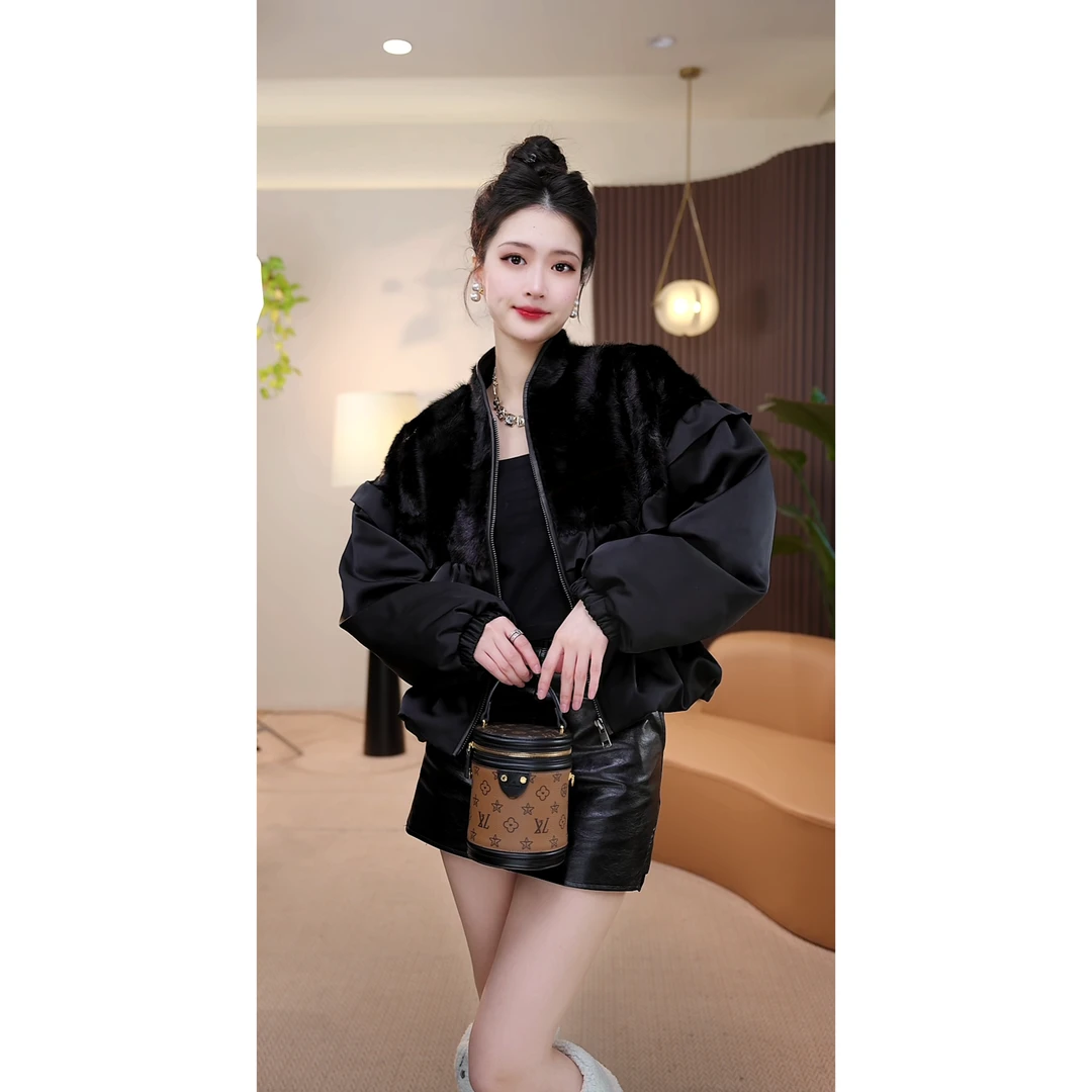 【茅茅专属】38015冬季新款法式浪漫收腰水貂毛拼接皮草鹅绒服