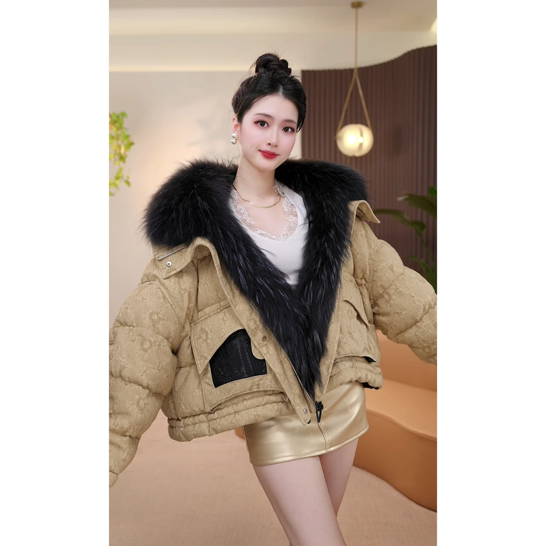【茅茅专属】25976冬季新款原创设计大毛领短款保暖连帽皮草羽绒服