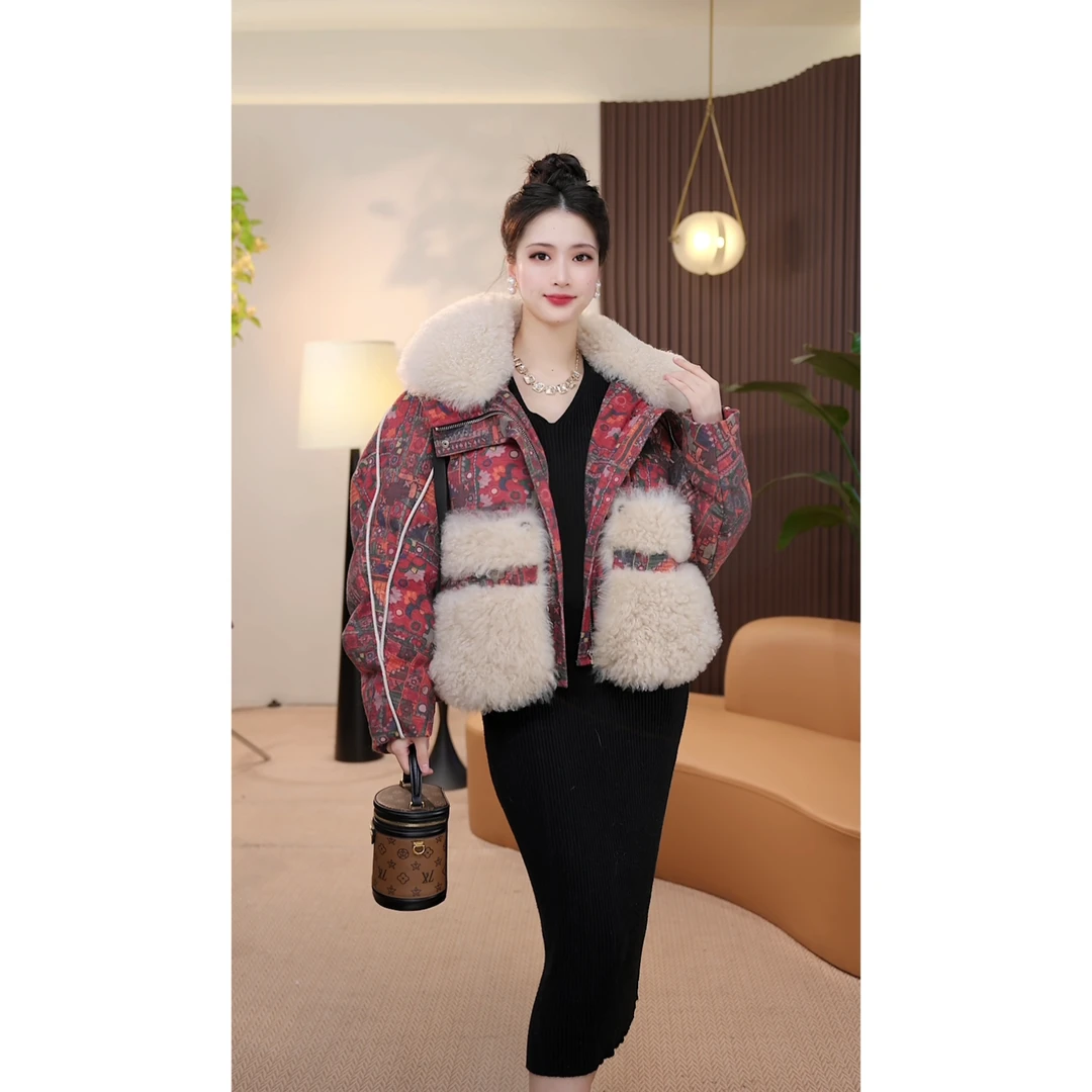 【茅茅专属】25980冬季新款巴洛克风印花羊皮毛皮草连帽羽绒外套