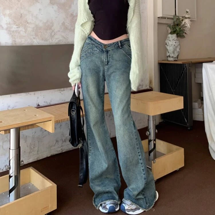 美式复古低腰微喇叭牛仔裤女秋季高街设计感拼接毛边显瘦拖地长裤