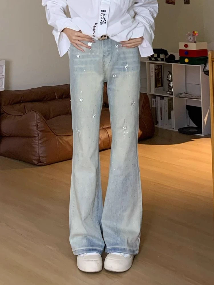 美式复古烫钻微喇叭牛仔裤女秋冬款辣妹高街设计感高腰显瘦阔腿裤