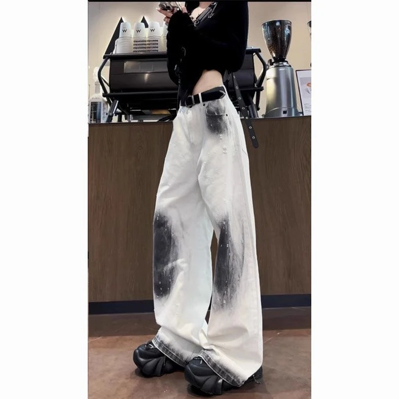 美式白色扎染直筒牛仔裤女春夏新款高腰设计感宽松显瘦阔腿拖地裤