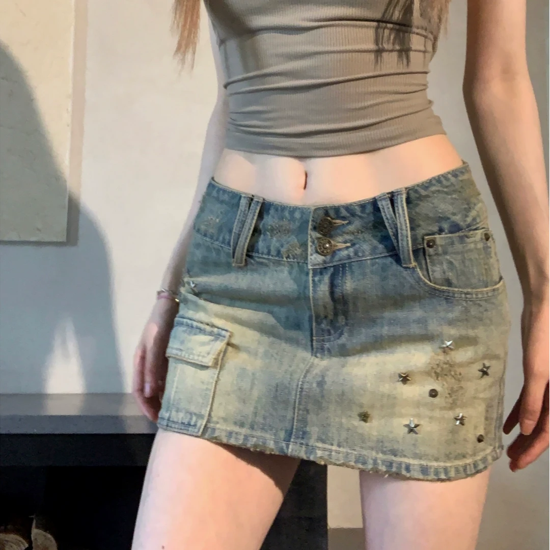 美式复古牛仔半身裙女2025夏季设计感铆钉辣妹显瘦a字包臀短裙子