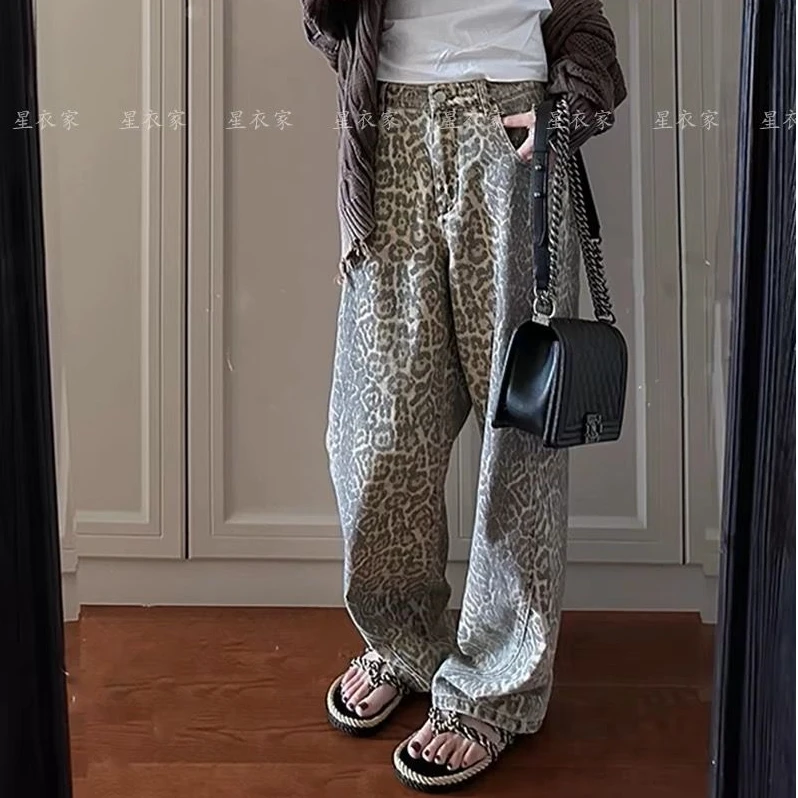 豹纹美式牛仔裤女复古高街宽松休闲男设计百搭阔腿直筒牛仔长裤子
