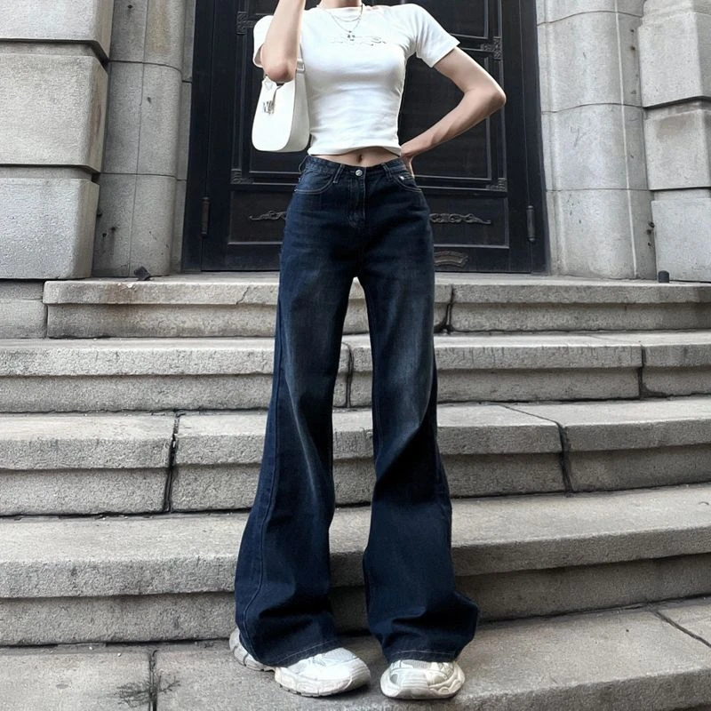 美式复古微喇叭牛仔裤女秋季高街设计感高腰显瘦宽松阔腿拖地裤子