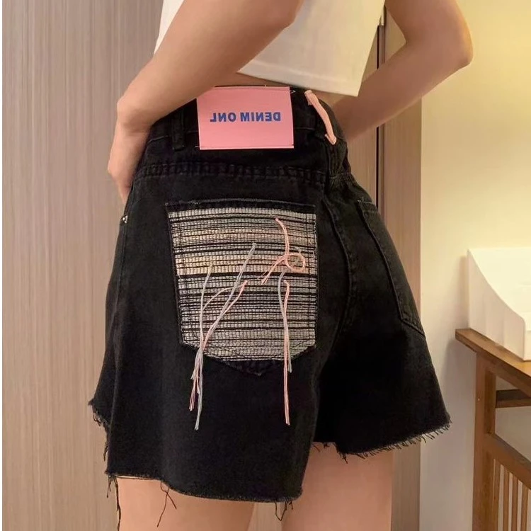 黑色破洞牛仔短裤女夏季新款辣妹高腰宽松阔腿显瘦百搭a字热裤子