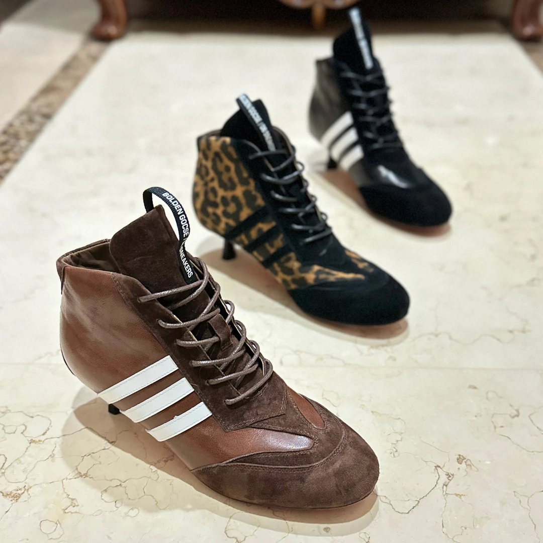 【映昔女鞋】秋冬油蜡羊皮时尚复古运动休闲风拼色三道杠系带短靴