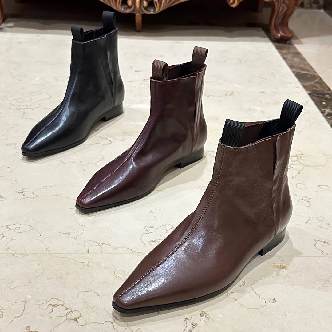 【映昔】24秋冬水洗感牛皮慵懒风时尚百搭方头平底时装加绒女士短靴