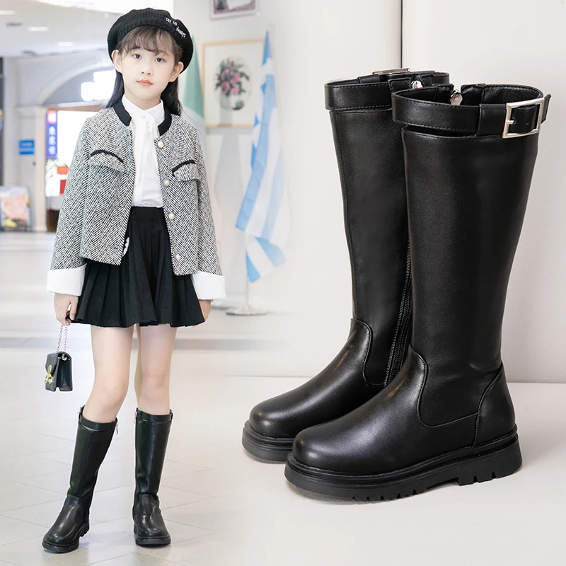 女童洋气长靴6-12岁小女孩黑色骑士靴2023秋冬新款儿童加绒高筒靴