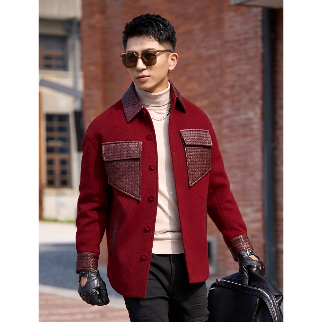 言吉时尚真皮编织拼接外套秋冬新款潮高端翻领毛呢大衣YJ39916-1