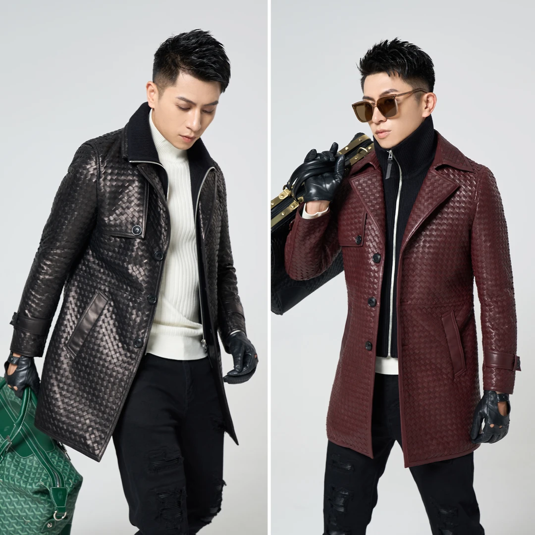 言吉男装绵羊皮编织中长款外套秋季新款高端真皮加棉皮衣YJRL8596