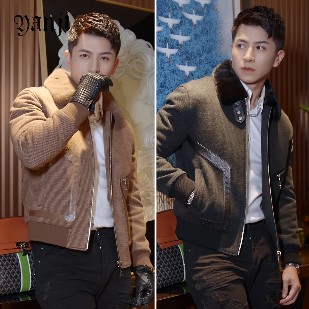 言吉高端男士秋冬季时尚潮流休闲帅保暖加毛短款翻领夹克 YJR2219