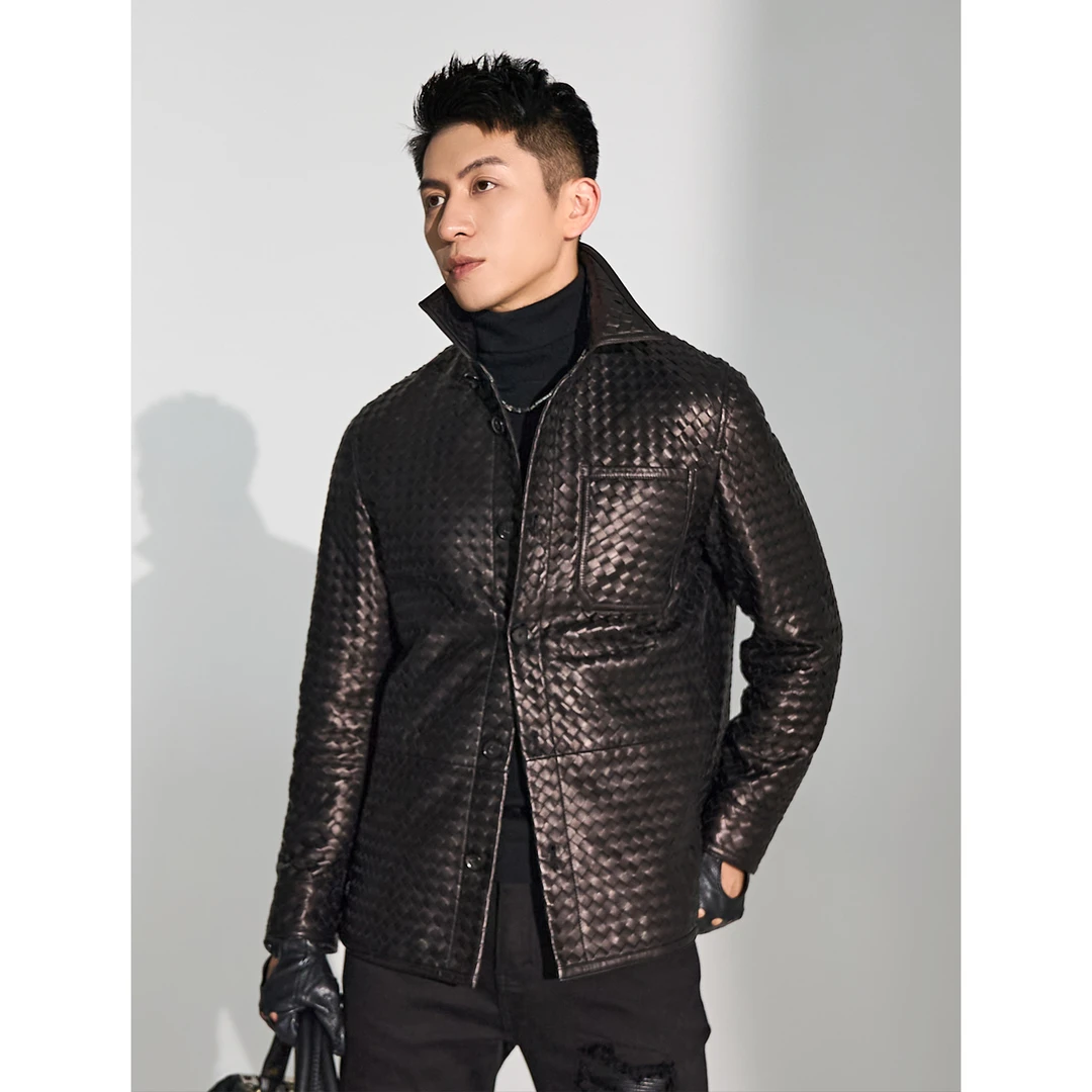 言吉男装真皮编织拼接翻领外套秋季新款中长款绵羊皮夹克YJ81140