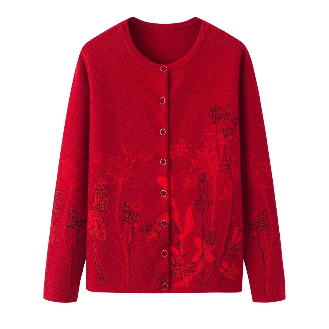 鄂尔多斯市原产地山羊绒圆领双提红色保暖长袖女开衫秋冬针织上衣