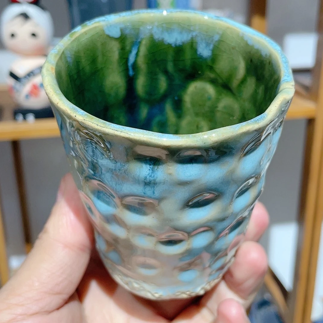 粗陶手捏胎溜釉大手握杯