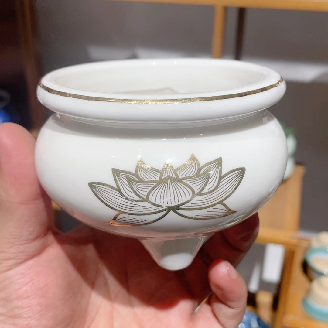 全新陶胎手绘金莲花高足香炉