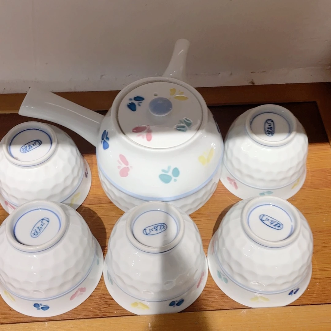 全新烧又工门底款胶质釉彩绘蝴蝶球口侧把壶五杯