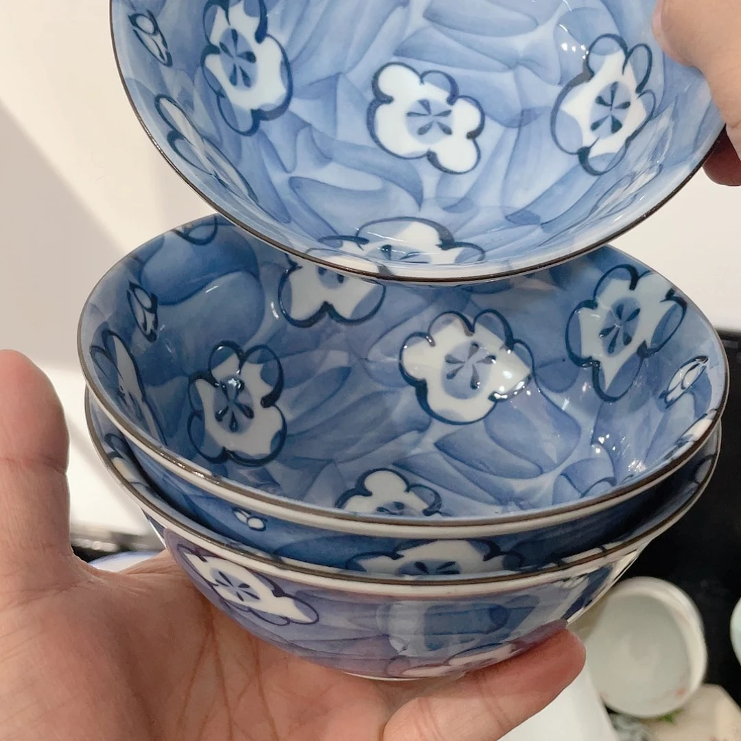 高峰底款内外绘釉下青花大面碗三只