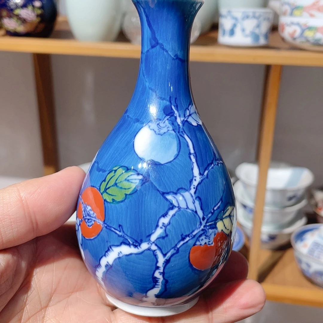 全新色锅岛满绘釉下青花胶质釉彩绘柿柿如意小花器