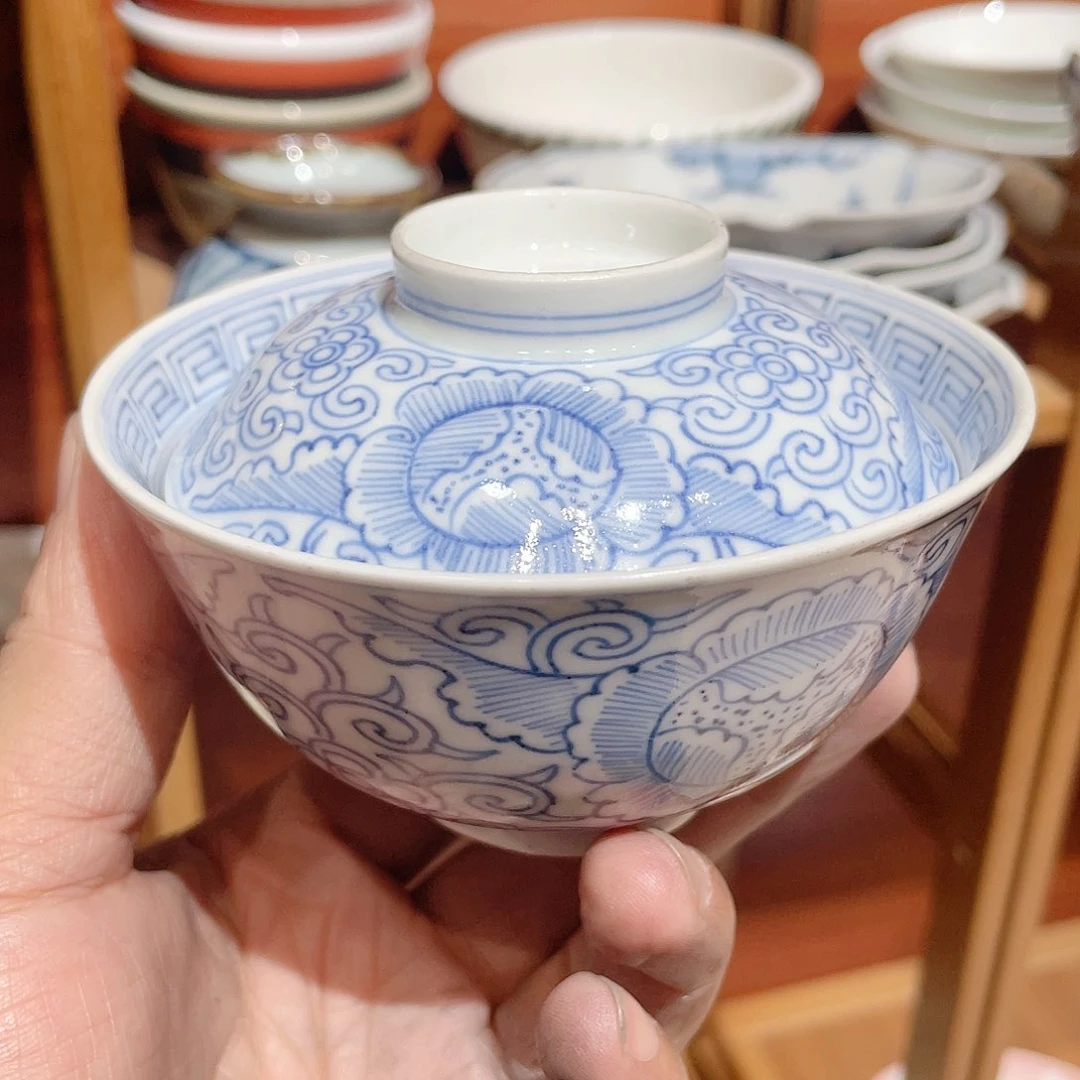 画**家亲绘老青花盖碗，盖子口沿小飞皮