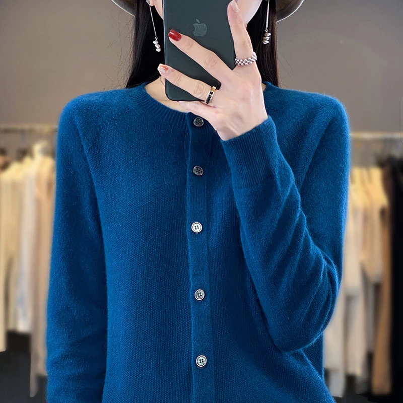 羊毛圆领开衫加厚一线成衣秋冬长袖纯色宽松显瘦百搭