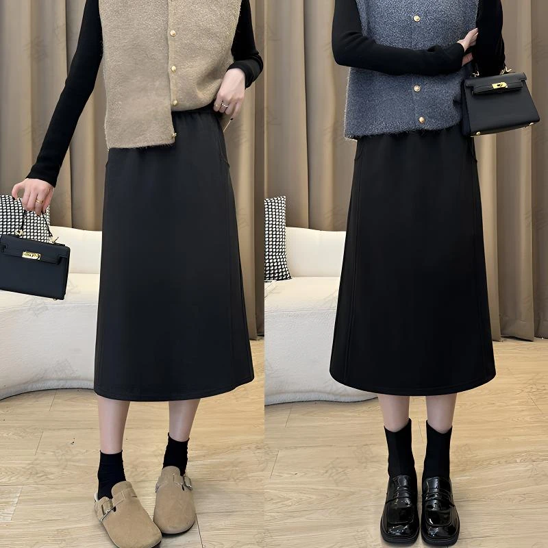 毛呢半身裙加厚显瘦高腰开叉中长款秋冬A字百搭时尚黑色加绒裙子