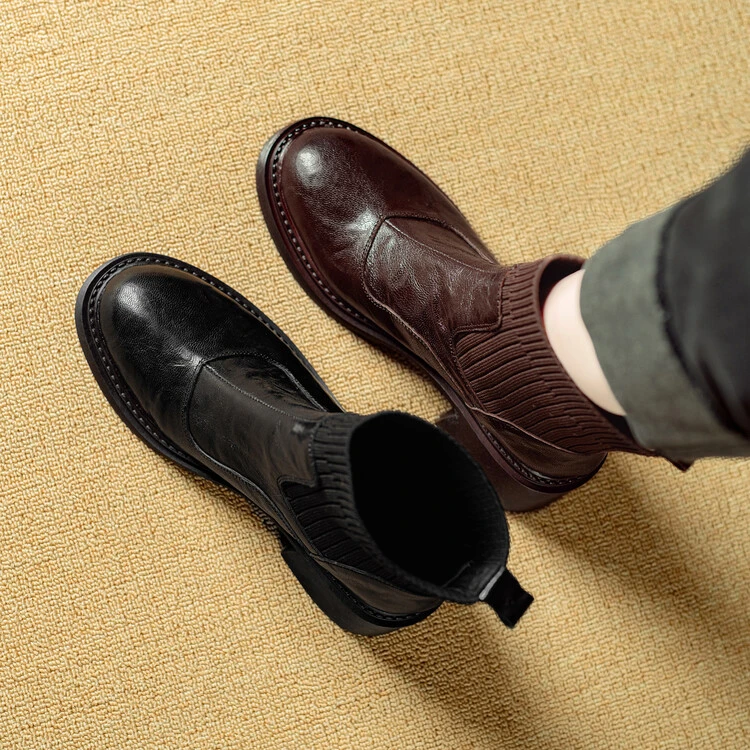 牛皮~6.5cm百搭时尚真皮复古粗跟厚底圆头英伦风弹力袜靴瘦瘦短靴