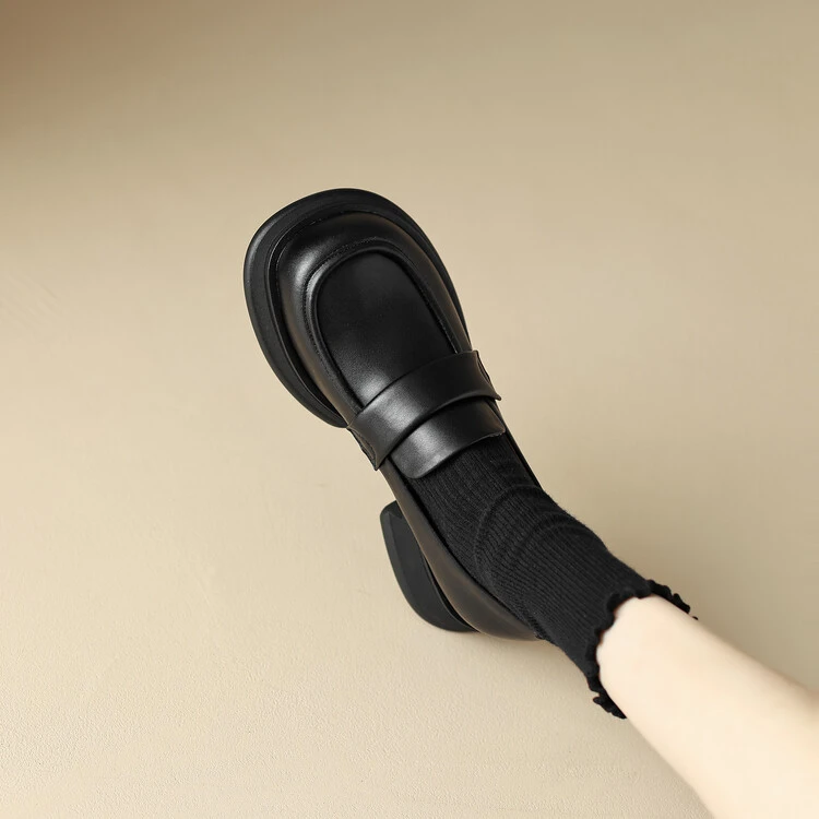 里外全皮厚底乐福鞋女2023秋季新款单鞋真皮时尚百搭高跟粗跟女鞋