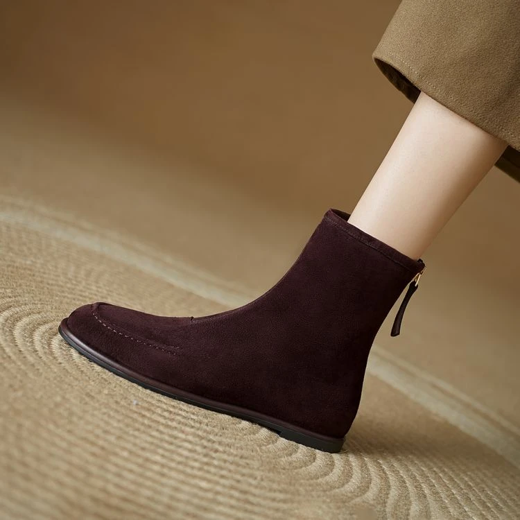 羊翻皮~1.5cm女士切尔西圆头平底磨砂2024新款秋冬百搭真皮小短靴