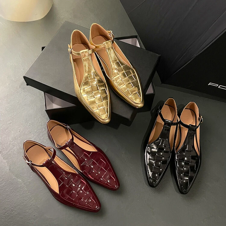 手工女鞋跟高1CM/ 法式复古编织T字扣带玛丽珍时尚小皮鞋平底单鞋